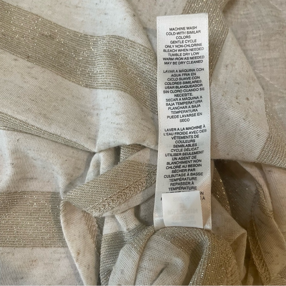 Chico’s Tan Linen Metallic Gold Diagonal Stripe V-Neck Top Chico’s size 3 / XL - Picture 8 of 11